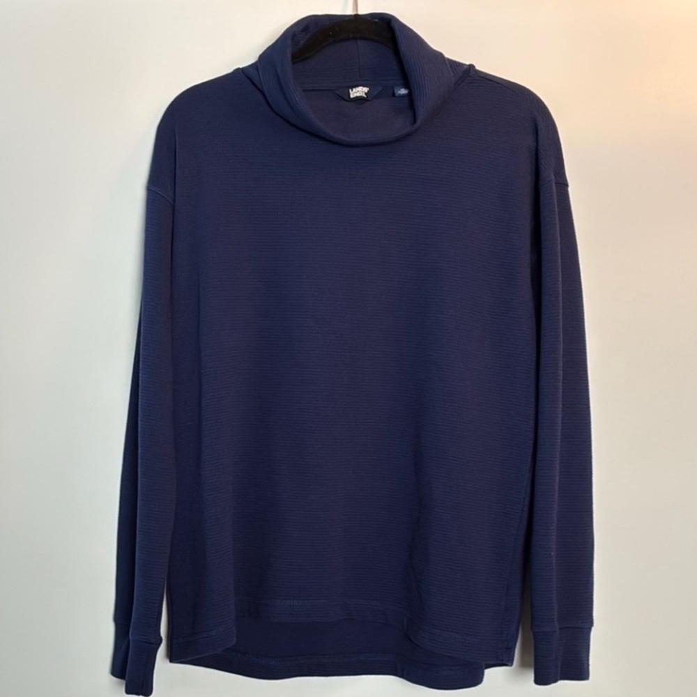 Lands' End Navy Blue Textured Waffle Knit Pullover Turtleneck Sweater